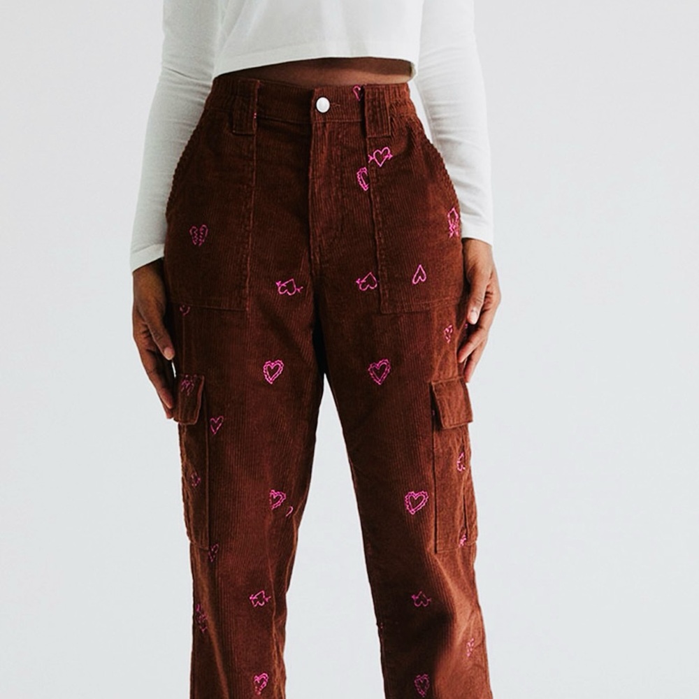Brown Corduroy Pants with Pink Heart Embroidery - Picture 8 of 10